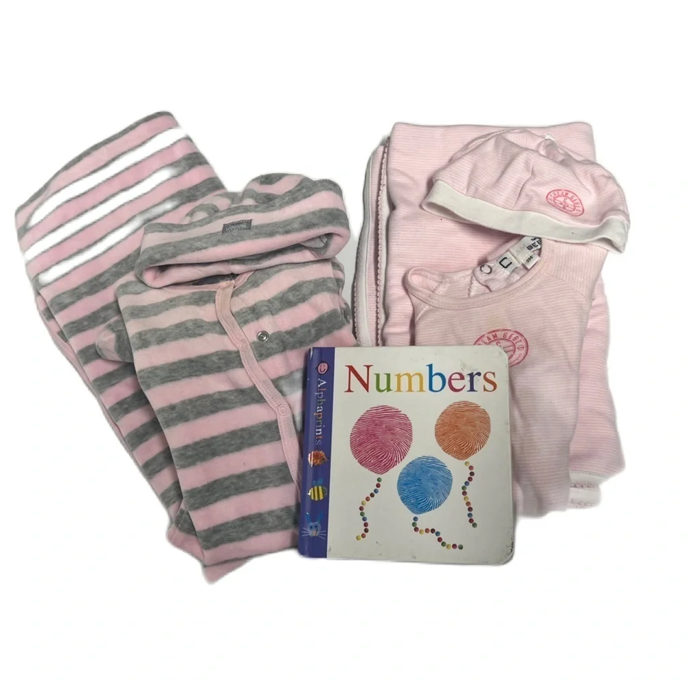 Newborn girl bundle stretchie, hat and blanket sets pink striped w/ animal book
